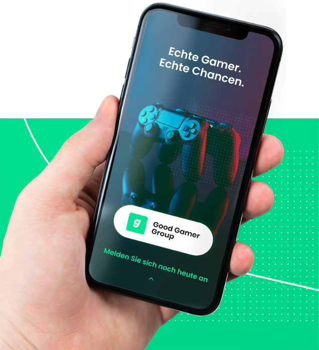 Hand mit Telefon, auf dem steht: Echte Gamer, echte Chancen. Melden Sie sich noch heute bei der Good Gamer Group an